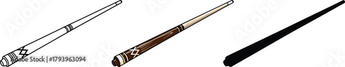 Wooden Billiard or Pool Cue Stick Icon Set - Outline, Color, and Silhouette Vector