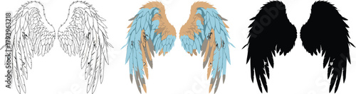 Pair of Feathered Angel Wings Icon Set - Outline, Color, and Silhouette Vector