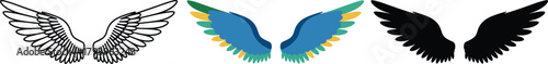 Colorful Feathered Wings Icon Set - Outline, Color, and Silhouette Vector