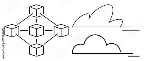 Interconnected cubes representing a blockchain network alongside two cloud icons. Ideal for technology, networking, blockchain, cloud computing, data sharing, security, innovation. Simple flat