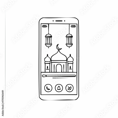 Line art illustration of a smartphone displaying a mosque with crescent moon, hanging lanterns, and communication icons.