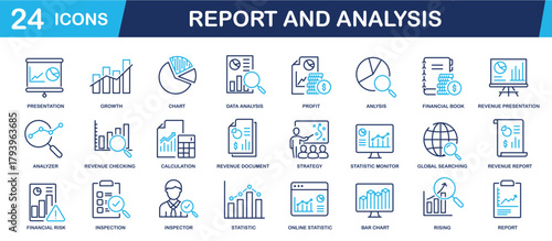 Set of collection line icons related Report and Analysis. Editable stroke. Perfect pixel on transparent background