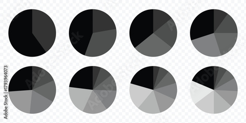 Set of colorful pie charts. Circle section graph. Pie chart set. Pie charts diagrams. Circular diagrams represent data visualization and analysis. eps 10