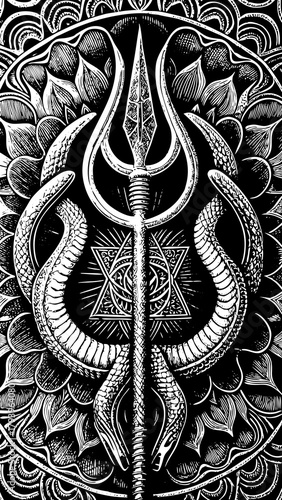 Powerful vector illustration of Lord Shiva's Trishula (trident) wrapped by two cobras in a woodcut style. Detailed black and white art with a Mandala background for Hindu, occult, dark art. 