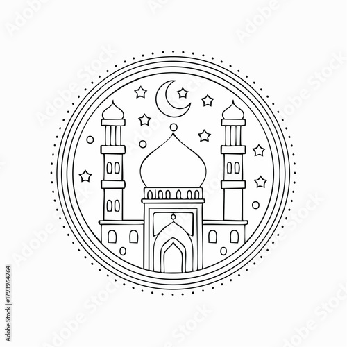 Line art illustration of a mosque with minarets, dome, crescent moon, and stars, all enclosed within a circular border.