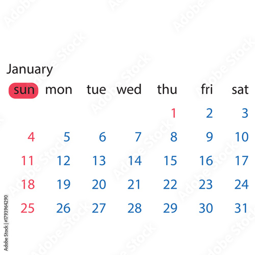  2026 January month calendar grid displaying dates and days, perfect for planning and scheduling