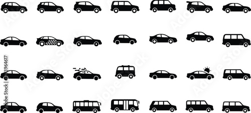 PrintVehicle icon set, car silhouettes, bus symbols, SUV graphics, transport collection, automotive illustration, compact car icons, transportation design elements, urban mobility graphics