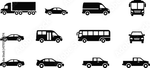 PrintVehicle silhouette icon set, truck, sedan, pickup, van, city bus graphics, transport symbol collection, automotive illustration pack, minimal transport design