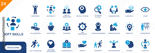 Soft skills icon. Including problem solving, thinking, presentation, flexibility, teamwork. Solid vector icon set.