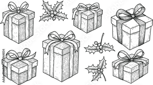 PrintVintage hand drawn Christmas gift boxes, festive holiday presents with ribbon bows, holly leaves, berries illustration, black and white sketch, vector art