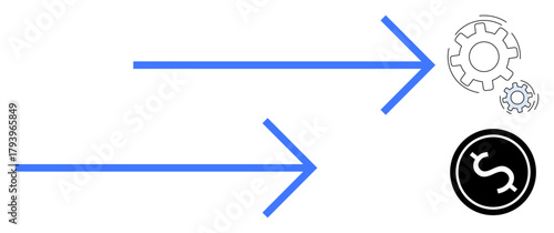 Two blue arrows pointing forwards towards gear icons and a dollar sign, representing productivity, workflow optimization, financial growth, success, goal targeting, process improvement, simple flat