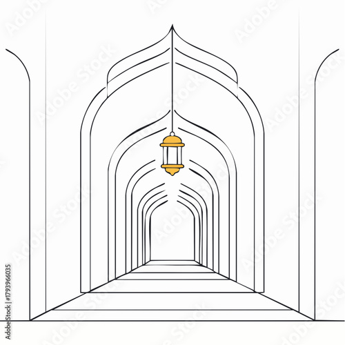 Illustration of a long corridor with repeating arches leading to a bright opening, featuring a hanging ornate lantern.