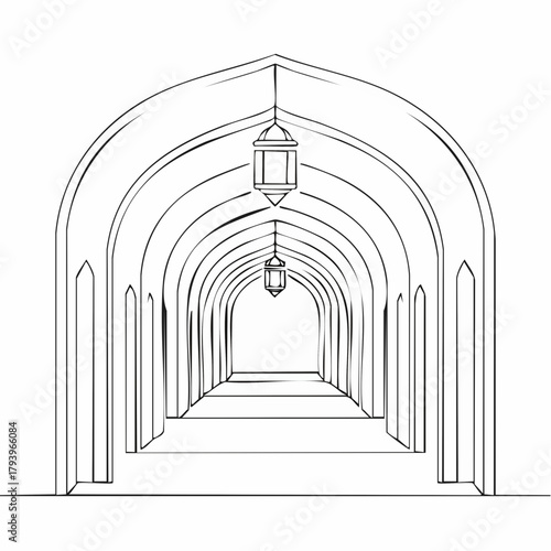 Line art illustration of an arched corridor with hanging lanterns, creating a sense of depth and perspective.