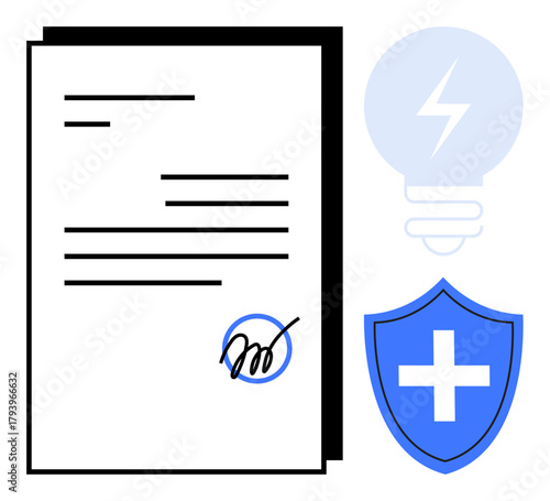 Document with signature, blue healthcare shield, and lightbulb. Ideal for healthcare, innovation, protection, agreements, legality services business concepts. Simple flat metaphor