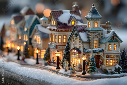 Fototapeta Naklejka Na Ścianę i Meble -  The winter christmas village is a beautiful sight. The snow is falling gently and the lights are shining brightly. The houses are covered in sparkling white, and the streets are lined with trees. It's