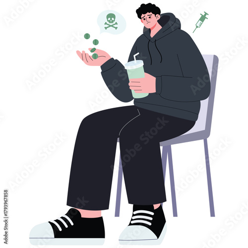 Criminality Illustration. Vector illustration of Teen in hoodie holding pills and drink with toxic symbols, highlighting substance misuse danger and health awareness. Isolated on background