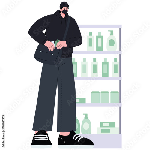 Criminality Illustration. Vector illustration of Masked person hides goods in a bag inside a store, illustrating theft and retail loss prevention concept. Isolated on background