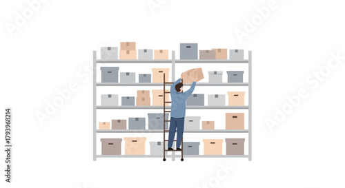 Young Woman Organizing Cartons on Warehouse Shelves for Efficient Storage