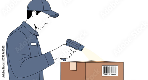 Delivery Worker Scanning a Package with a Handheld Device in a Warehouse