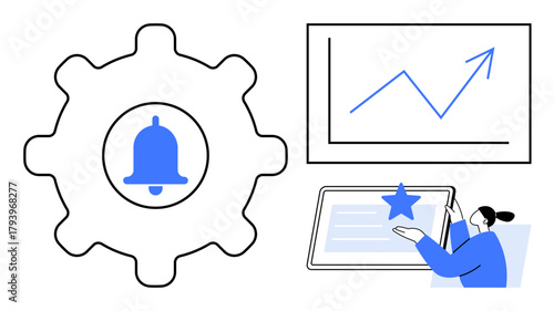 Gear with bell, chart with upward trend, person interacting digitally. Ideal for productivity, alerts, analytics, user engagement, efficiency digital tools achievement. Simple flat metaphor