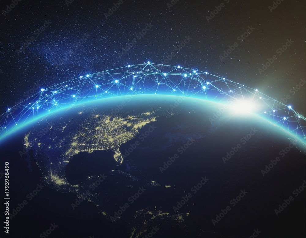 Fototapeta premium A nighttime satellite view of North America with a glowing blue network of digital connections across the curved horizon, set against a starry space background with a bright sun or moon