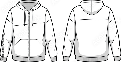 PrintModern front and back hoodie flat sketch, zipper hooded sweatshirt design template, casual unisex streetwear fashion vector illustration