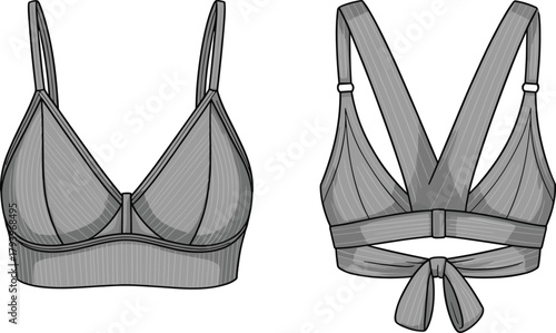 PrintModern gray bralette design illustration, stylish front and back view, comfortable lingerie fashion, seamless underwear style, vector intimate apparel drawing