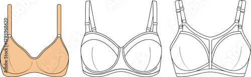 PrintModern lingerie bra design collection, detailed fashion technical sketch of women’s underwear, vector illustration showing different bra styles and structures