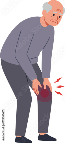 An elderly man clutching his knee in pain on a plain background, illustrating a common symptom of arthritis.