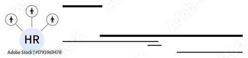 HR bubble connects with people icons via lines, illustrating teamwork, communication, and structure. Ideal for HR processes, team building, recruitment, collaboration, management organization