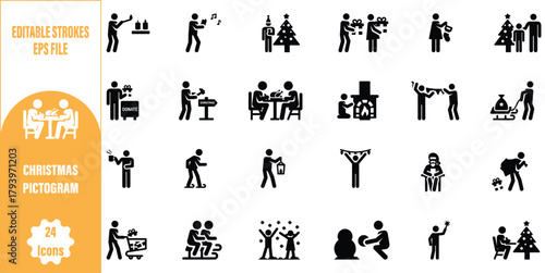 Christmas Pictogram editable icon pack of 24 including Festive Silhouettes and Holiday Activities
