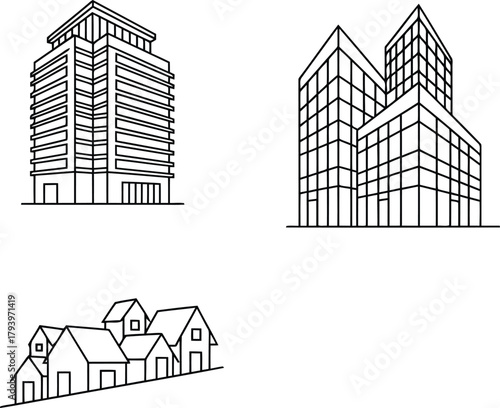 Real estate building line icons: plaza, apartment, condo architecture vector set