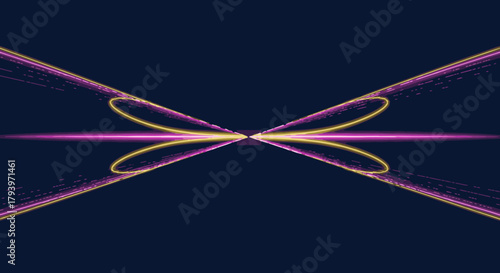 A dynamic abstract background featuring symmetrical golden and magenta light trails converging and diverging on a deep blue canvas, evoking futuristic energy and digital flow.