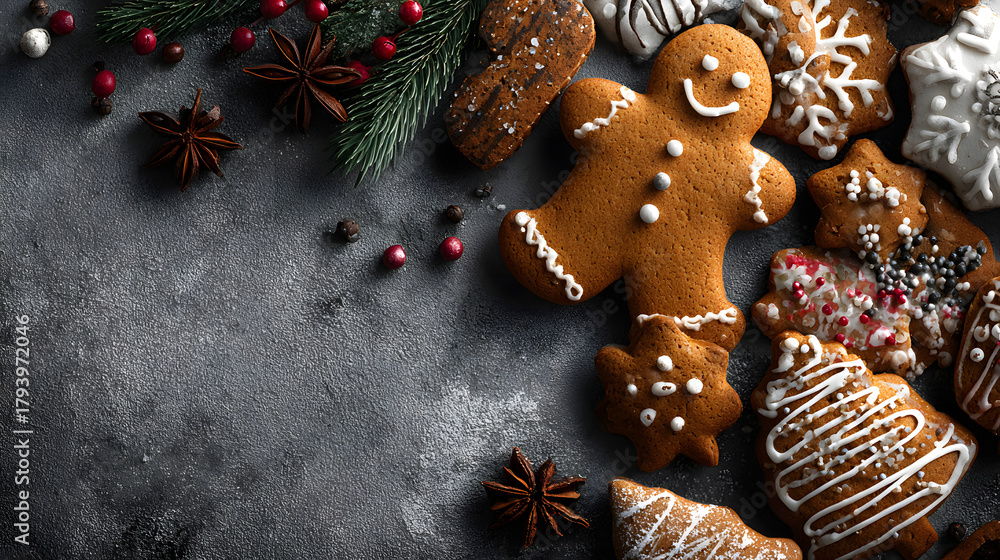 Fototapeta premium Christmas background with gingerbread cookies. Christmas greeting card with gingerbread cookies over grey background, top view. Flat lay with copy space for xmas greetings.