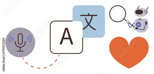 Microphone, translated letters, magnifying glass, and heart suggest AI, language translation, accessibility, communication, global connection learning and empathy. Ideal for tech education
