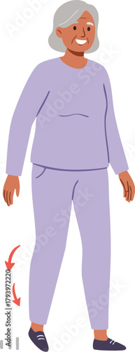 Illustration of a senior woman with gray hair wearing purple clothing experiencing arthritis while walking with a hint of discomfort in a simple white background.