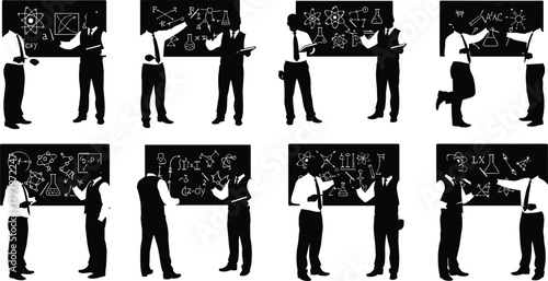Silhouettes, teachers, students, chalkboard, science, math, education, equations, graphs, atomic symbols, chemistry, physics, learning, teaching, collaboration, STEM, classroom, academic, 