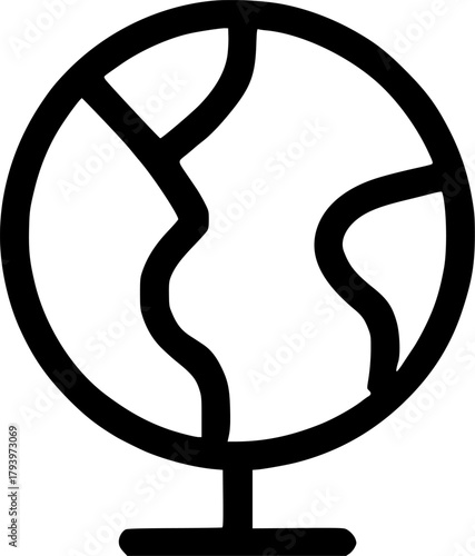 An outline icon representing a geography globe, world map, earth, travel, education, and international business