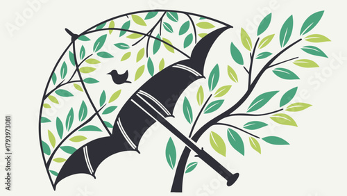 Nature inspired umbrella design with tree branches and leaves for weather protection and outdoor adventures