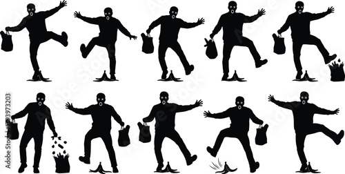 Silhouette, banana peel, falling person, comic sequence, slip accident, humor, motion, stumble, visual gag, reaction, bag, surprise, cartoon, fall, slapstick, illustrated fall, funny moment,, 
