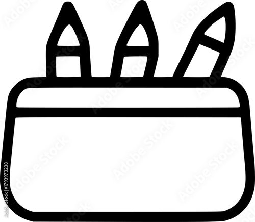 An outline icon representing a pencil case filled with pencils, pens, and markers for school, writing, and drawing