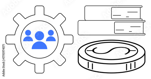 Gear with team icon, stack of books, and coin outline represent teamwork, learning, and financial growth. Ideal for business, education, teamwork finance leadership innovation development. Simple