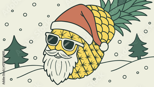 Christmas pineapple santa with sunglasses and beard in winter snow scene holiday season tropical fruit art