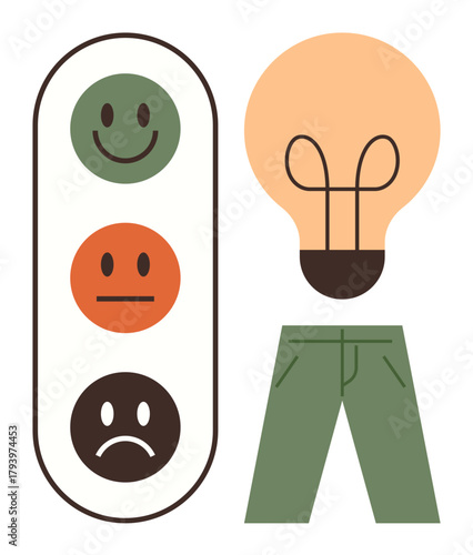 happy traffic light icons, light bulb as idea spark, and green pants symbolize productivity, emotions, and innovation. Ideal for creativity, productivity, emotion, ideas feedback mindfulness