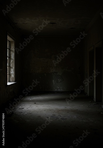 Dark, eerie, and unsettling background featuring a decaying, forgotten interior with deep shadows and grunge textures creating a chilling mood ,gloomy ,aged ,vintage