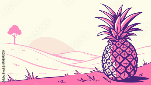 Pink pineapple illustration with tropical landscape background vector art design for summer vibes and decor