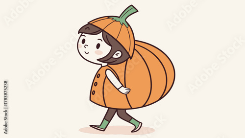 Cute halloween pumpkin costume girl vector illustration for fall season and trick or treat party design