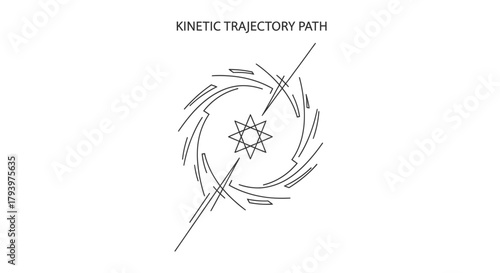 An intricate abstract diagram illustrates the concept of kinetic trajectory paths, showcasing dynamic movement and rotational forces around a central point.