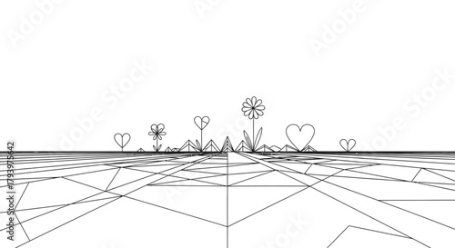 A minimalist wireframe landscape with geometric lines receding to a distant horizon, featuring simple outlined hearts and delicate flowers, embodying digital creativity.
