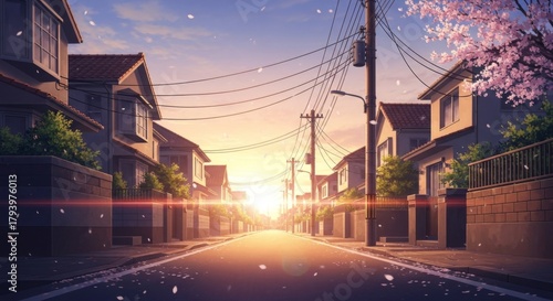 Street view of a suburban neighborhood with cherry blossoms at sunset
